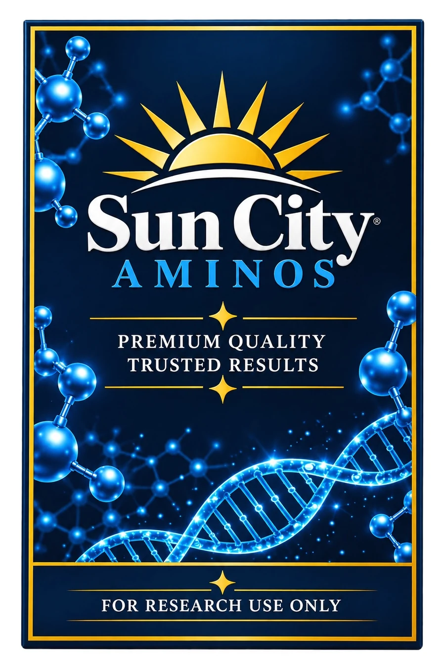 Sun City Aminos navy-and-gold brand graphic, with a golden sunrise, blue molecular structures and DNA imagery